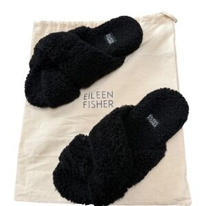 Eileen Fisher Dello Shearling Slide Sandals Black Sherpa Cross Band Hard Soles